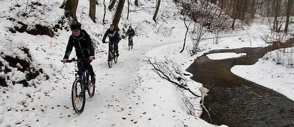 Przejechali rowerami po zaśnieżonej Bażantarni